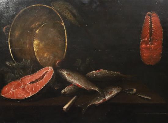 17th century Dutch School Still life of fishes, salmon and a brass pan 18 x 23.5in. unframed.